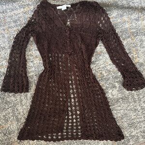 Bettie Page Brown Long Sleeve Bell Sleeve V-Neck Dress